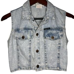 BONGO Vintage Acid Washed Denim Cropped Button Up Top Vest Made In USA Sz Small